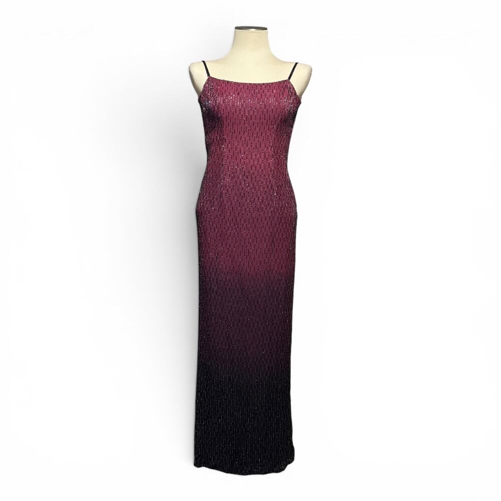 JMDC Vintage 90s Silk Beaded Gown Gradient Ombre Burgundy Purple Black Small